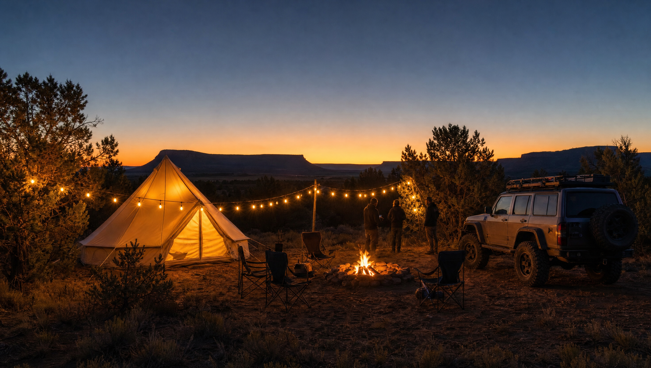 Campfire and bell tent under string lights at dusk