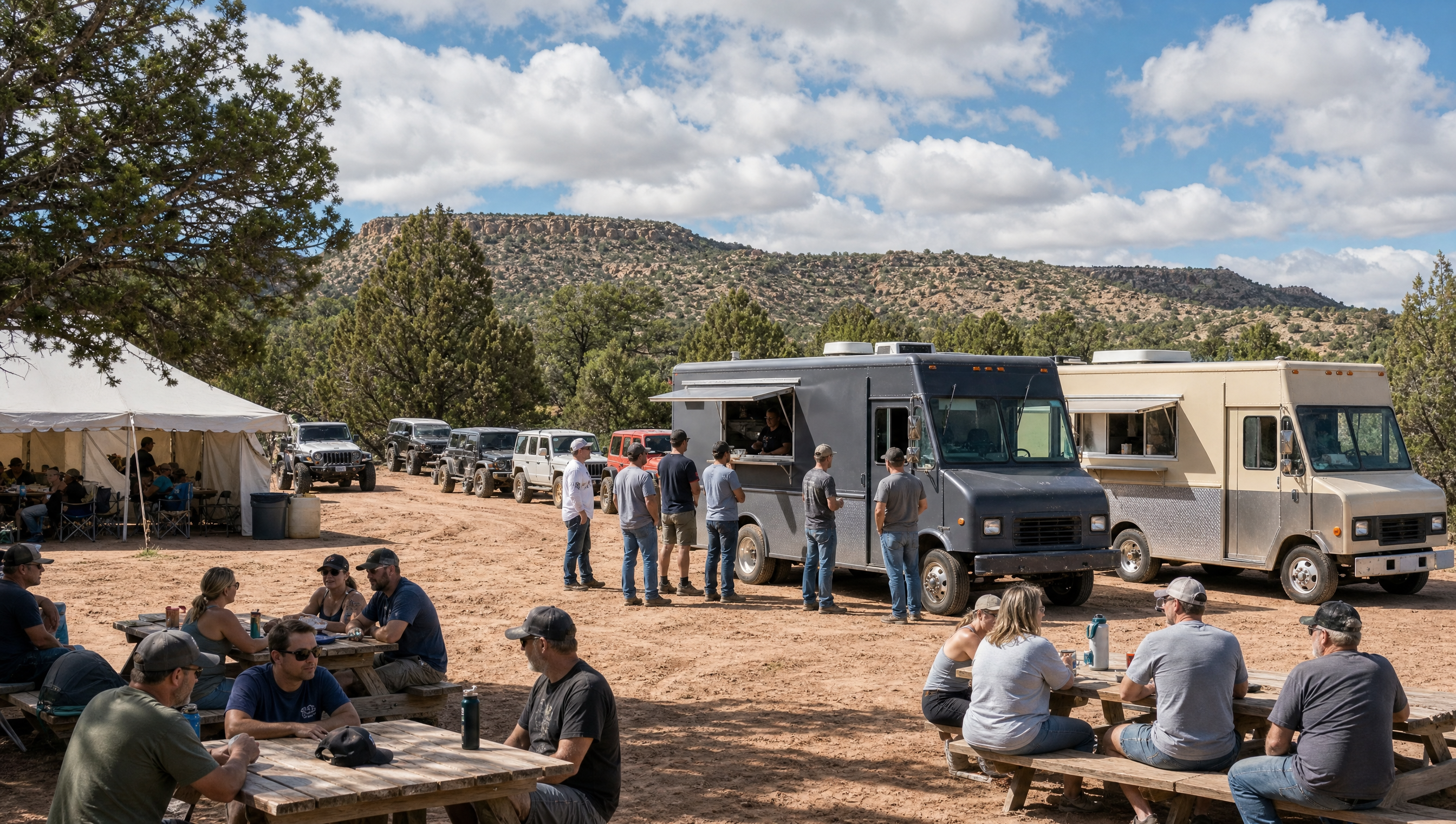 Food trucks and picnic tables at the Summit
