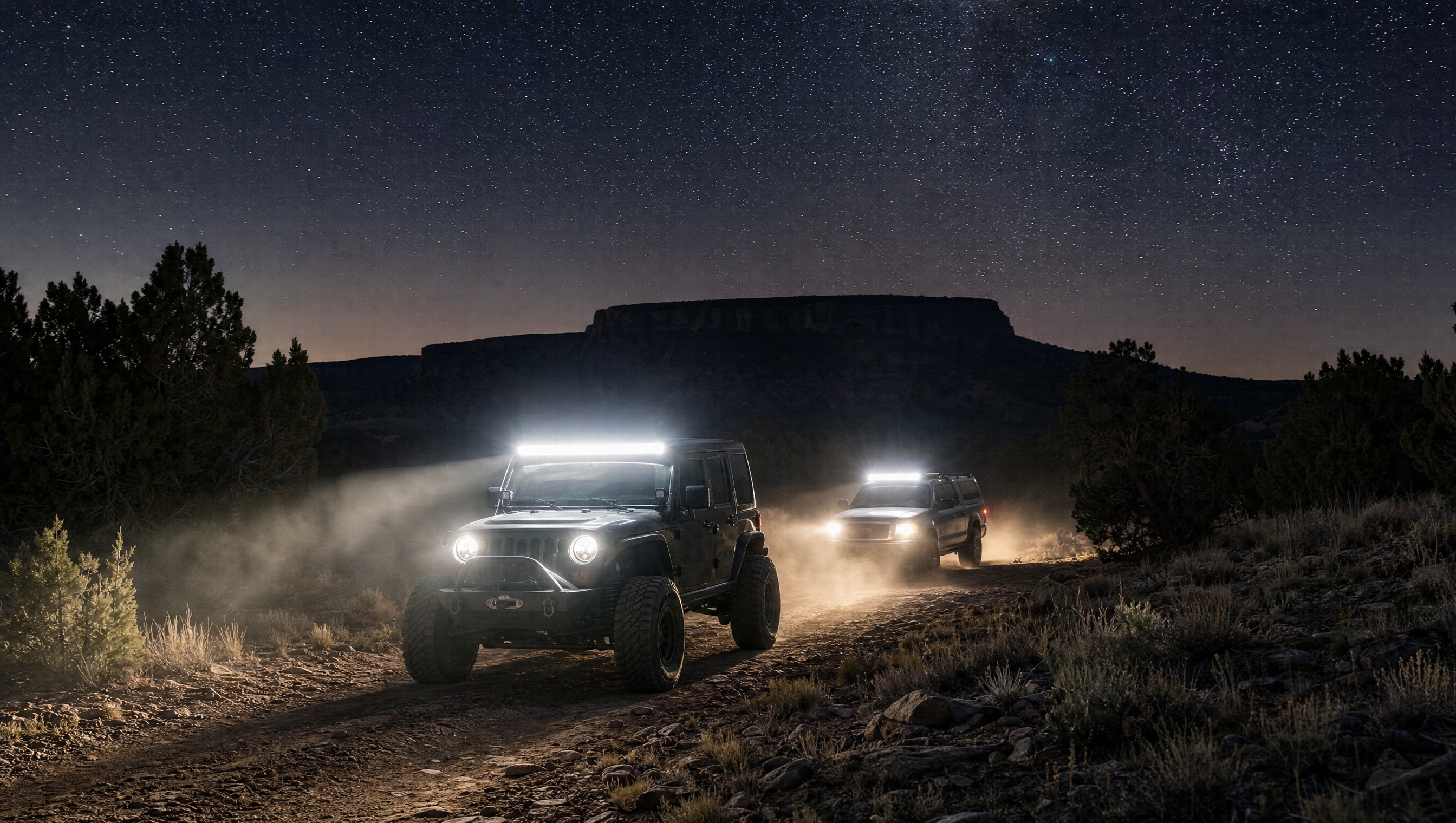LED light beams cutting through the dark desert trail