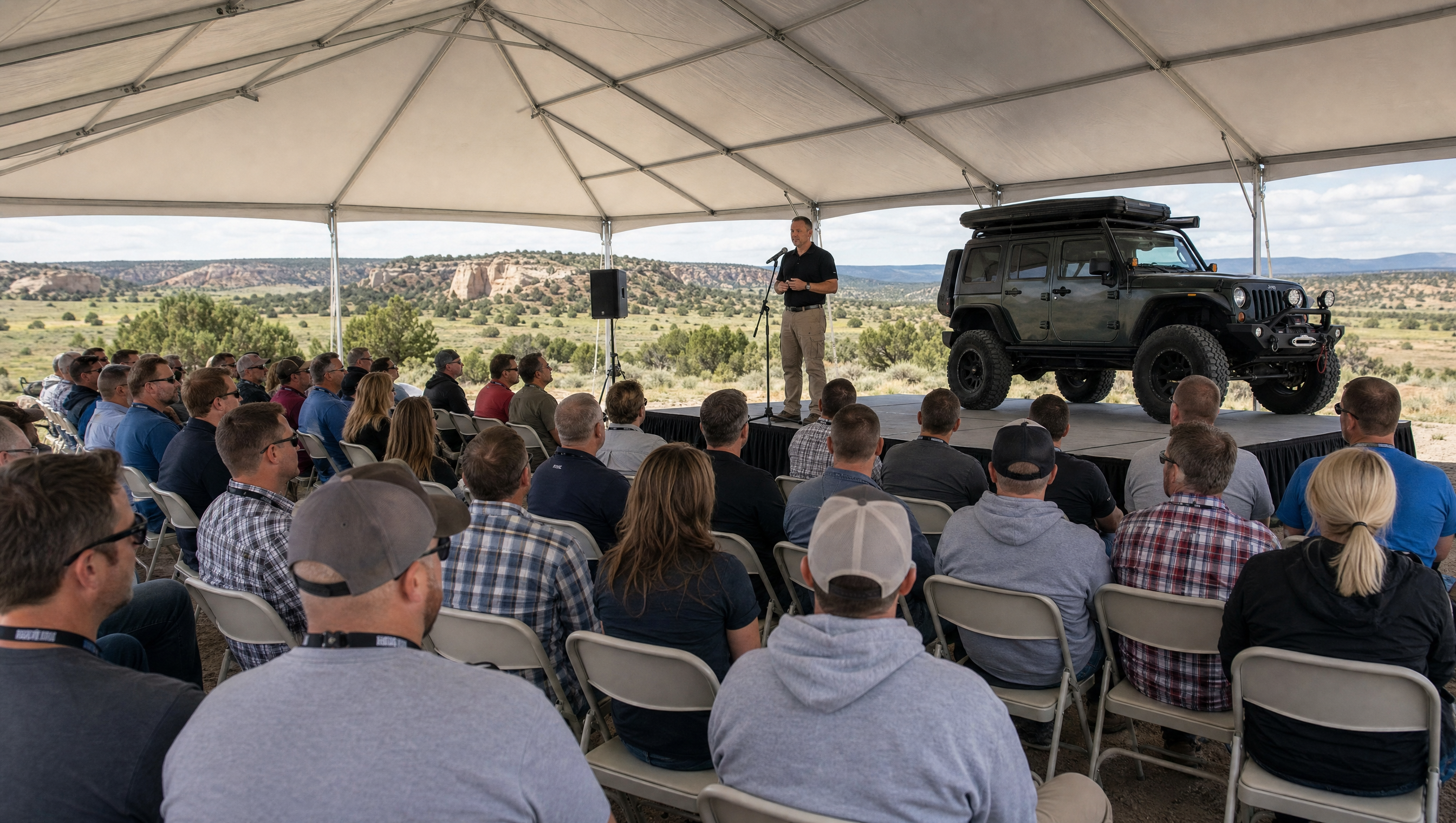 Dealers seated under the training tent while a brand representative speaks