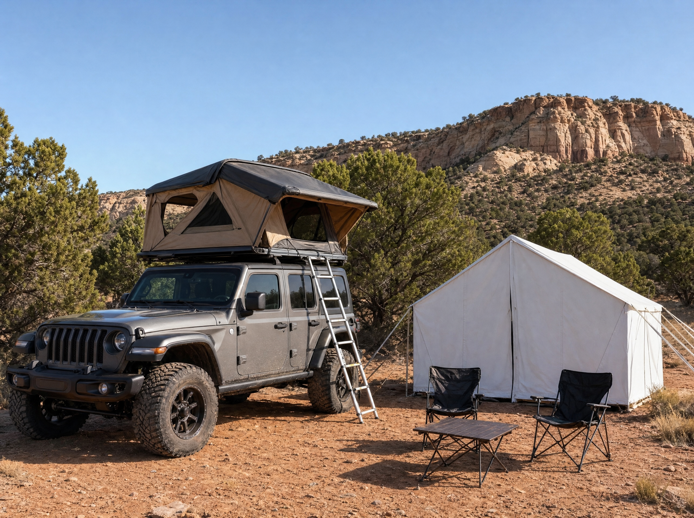Overland-built Jeep with rooftop tent beside a canvas tent on the property