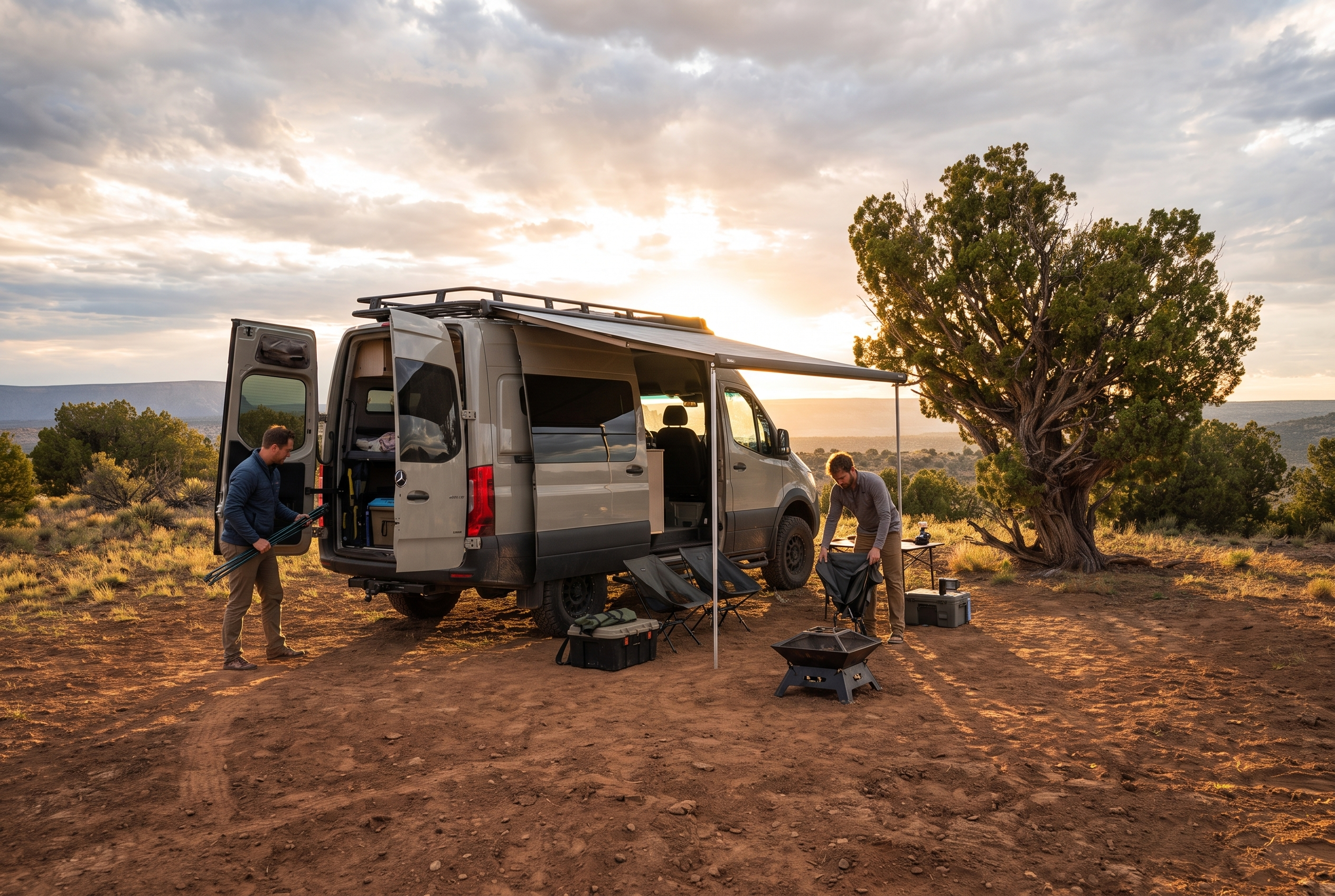 Van and personal tent area — static view